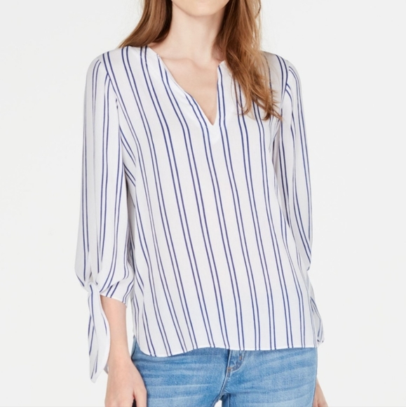 MICHAEL Michael Kors Tops - MICHAEL Michael Kors White Blouse with Navy Stripe